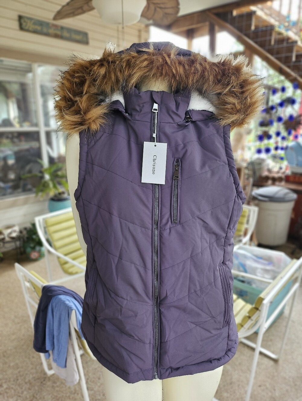 New W Tag Pursky Grey Puffer Faux Fur Lined Zippered Vest Removable Hood M